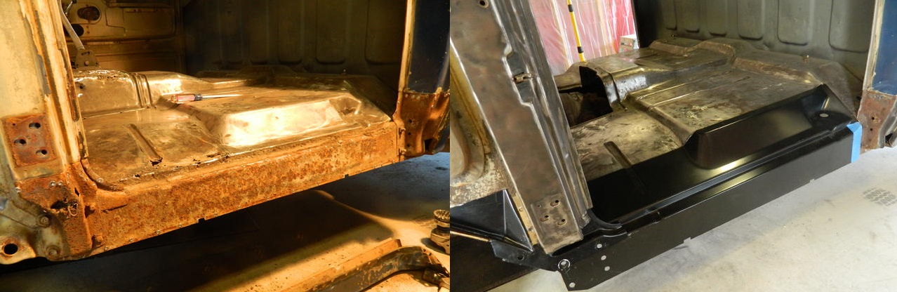 The truck on the left suffers from rust and corrosion. The truck on the right has been restored with new cab supports, rocker panels and floor pans